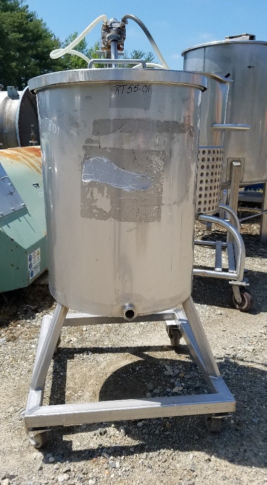 used 50 gallon Sanitary Stainless Steel Mixing Tank. Equipped with pneumatic air agitator with disperser type blade. Portable on wheels/casters. 24